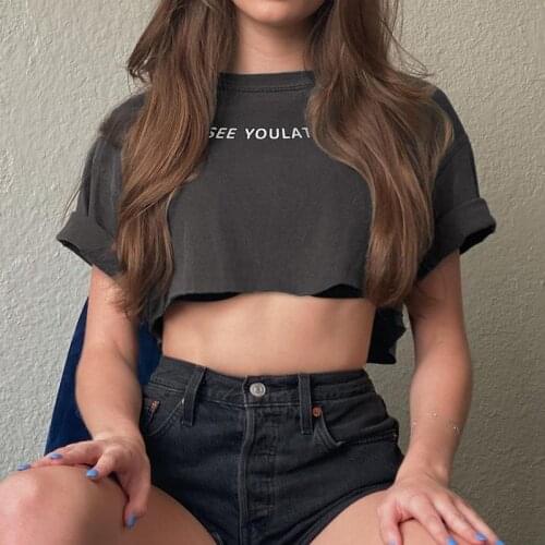 Kawaii Letter Print Crop Top Female T-Shirts With Short Sleeve 2021Summer Women Gray O-Neck Loose Tee Shirt For Girls Feminina