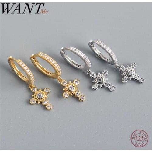 WANTME Luxury Pave Crystal Zircon Real 925 Sterling Silver Religious Ethnic Cross Gothic Stud Earrings for Women Fine Jewelry