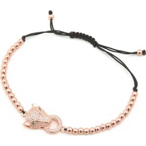 Gold silver micro pave cz Cubic Zirconia rope adjusted Copper Beads Bracelet Leopard head hrh3 Charm Braided Bangles Women