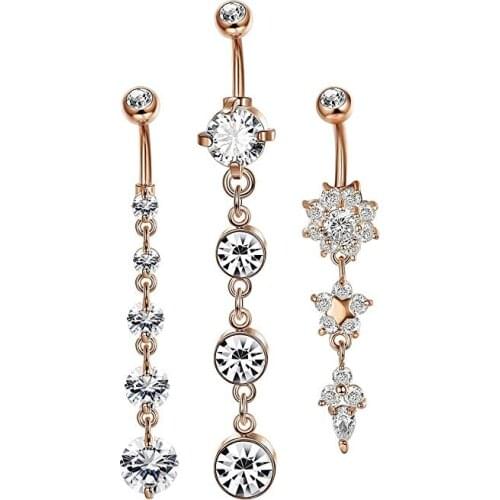 3PCS 14G Stainless Steel Belly Button Rings Navel Body Jewelry Belly Piercing CZ Inlaid