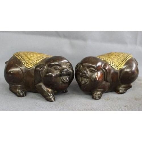 Bi001731 Chinese Zodiac Bronze Gilt Animals Welath Cai Fu YuanBao Happy Pig Statue Pair