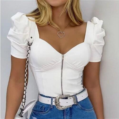 2021 Fashion Puff Sleeve Blouse Tops Women Summer Short Sleeve V Neck Vintage Shirts Solid Color Casual Elegant Tops Female