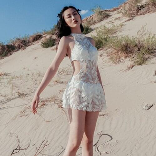 STOCK Swimsuit Girl Feather One Piece Bikini White Hollow Fairy Fan Wenquan Swimsuit Girl Sizes M-XL