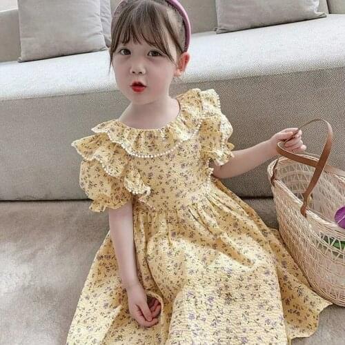 Childrens Wear 2021 Summer New Girls Dress Short Puff Sleeve Ruffles Sweet Floral Princess Dresses Casual Slim Kids Clothes
