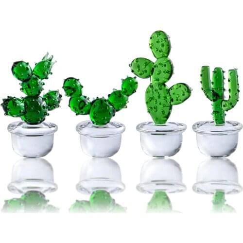 H&D 4pcs Handmade Glass Blown Cactus Cute Crystal Art Cactus Figurines Collectibles Desk Tabletop Simulation Plants Decorations