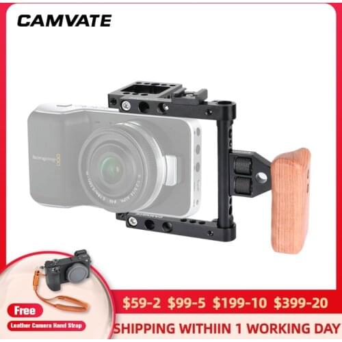 CAMVATE Camera Half Frame Cage Rig With Wooden Left-Side Handle Grip & Hot Shoe Mount Perfect For Blackmagic Pocket 4K Cameras
