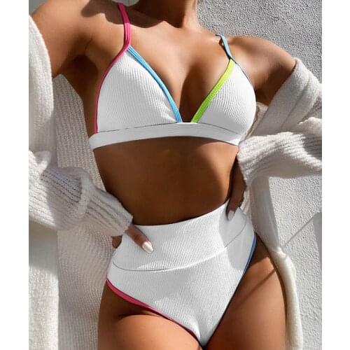 Push Up Swimsuit For Women 2021 Summer Sexy V-Neck Swimwear High Cut Bathing Suit Femme Beach Wear Swim High Waisted Bikinis Set