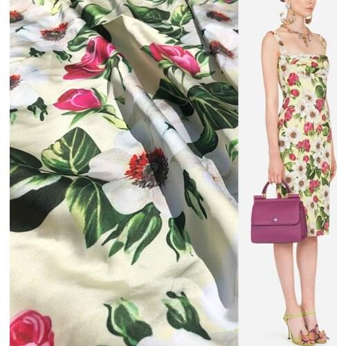 Rose printed polyester stretch satin fabric cloth 145 cm width luxury same pattern factory custom production wholesale fabric