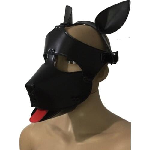 Unisex Soft Faux Leather Dog Puppy Fetish Hood Red Tongue Cosplay Mask Head Harness Pet Play Costume