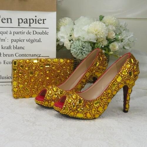 Gold Party Dress Shoes Peep Toe Women Crystal Wedding shoes with Bag Golden Sandals Pumps High heels Ladies Open Toe Hand Bag