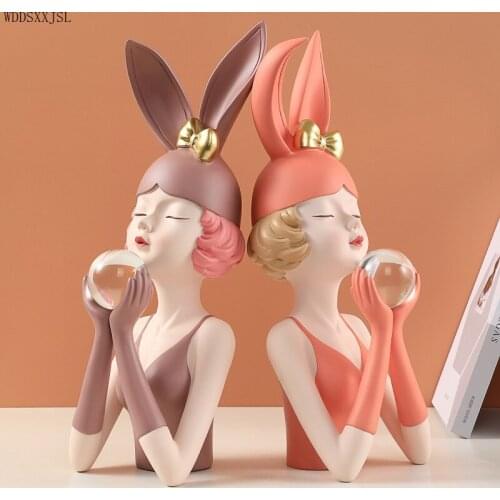WDDSXXJSL Creative Bunny Ears Girl Pink Decoration Resin Crafts Birthday Gift Home Living Room Desktop Bedroom Decoration