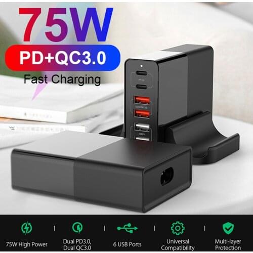 6-port 75W Charger Quick Charge 3.0 Type C PD USB Charger with QC3.0 Portable Fast Charger for iPhone Xiaomi Laptop Samsung