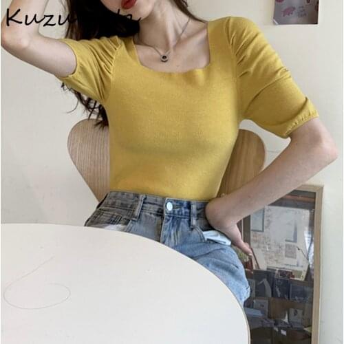 Kuzuwata Sexy Square Collar Clavicle Exposed Knit T Shirt Women Pullover Short Sleeve Solid Tees Summer 2021 New Multicolor Top