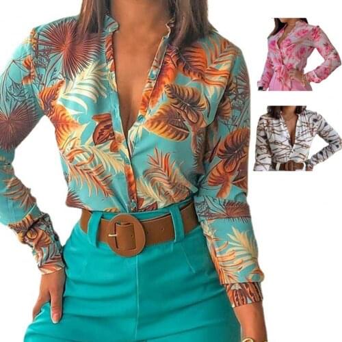 Retro Bohe Women Abstract Floral Print Shirt Long Sleeves Buttons Casual Shirt Women Office Fashion Beach Tops Sundress