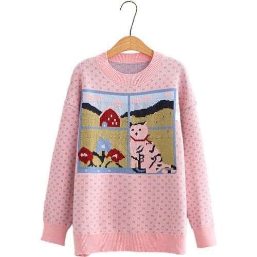 Women Sweaters Pink Cartoon Cat Embroidery Korean Knit Pullover Sweater 2020 Winter Long Sleeve O-neck Harakuju Ladies Cute Top