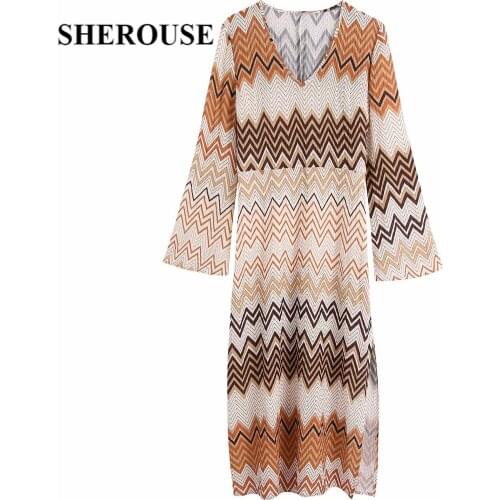 SHEROUSE Fashion Women Geometric Printed Dress Vintage V-neck Long Wide Sleeves Woman Slit Midi Long Dresses Robe