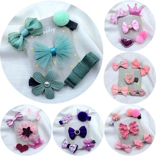 5 Pcs/set Sweet Flower Bow Hair Clips for Kids Chilren Handmade Solid Ribbon Bowknot Hairpins Baby Girls Hair Accessories Set