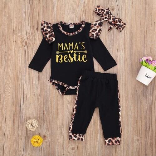 Infant Baby Girls Leopard Pattern Outfits Autumn Letter Print Bodysuit Black Pants Bowknot Headband 3Pcs Set