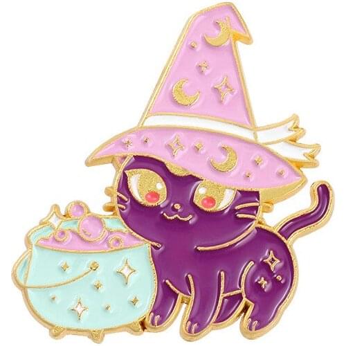 Cartoon cat shape pin, witch hat paint alloy brooch wholesale, bag decoration badge, gift for friend