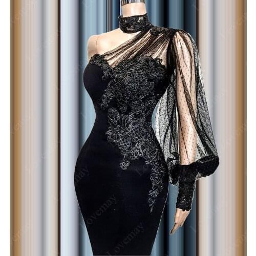 Elegant Plus Size Black Evening Dresses Mermaid One Shoulder Muslim Evening Gowns Lace Beads Prom Dresses вечернее платье