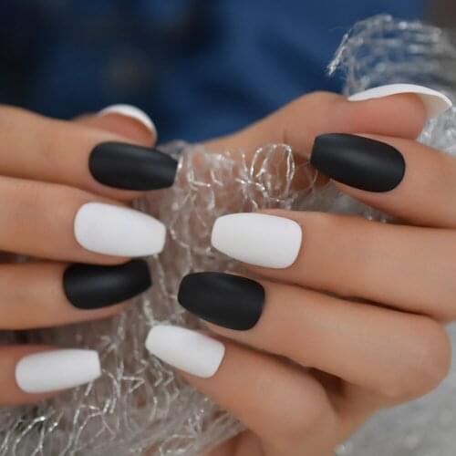 Coffin Black Matte False Nail Tips White Artistic Piano Medium Full Fake Nails Artificial Wholesale Press On Nails