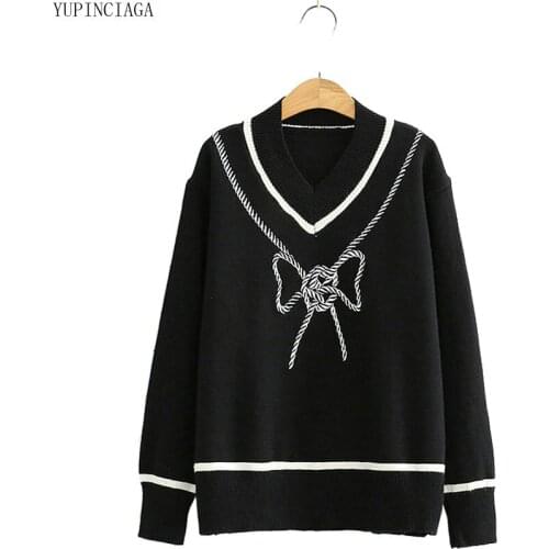 Korean Bow Loose V-neck Sweater Women Autumn Winter Mid-length Sweaters Girls Knit Jumpe Harajuku Sweater Jacquard