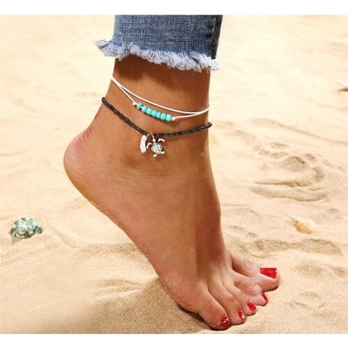 Summer Beach Turtle Shaped Charm Rope Bohemian Beads Anklets For Women Ankle Bracelet Woman Sandal On the Leg Chain Foot Jewelry