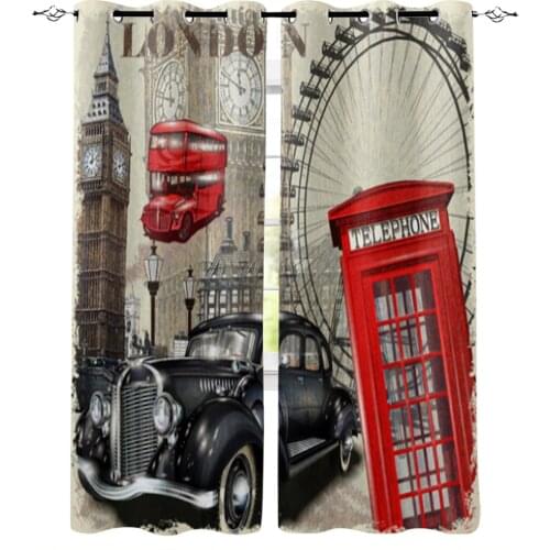London Vintage Poster Window Curtains for Living Room Luxury Kitchen Bedroom Drapes Home Decor Backdrop Curtain
