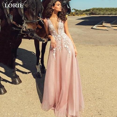 LORIE Pink Princess Wedding Dress A line Lace Appliqued Sleeveless Bride Dress A-Line Tulle Illusion Back Boho Wedding Gown