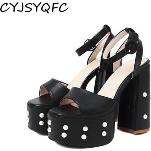 CYJSYQFC Fashion Pearl Decoration Womens Sandals Summer Platform Shoes Ankle Buckle Strap Thick Bottom High Heels Lady Sandals