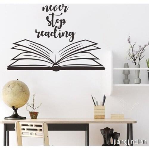 Never Stop Reading Quote Wall Sticker Vinyl Wall Decal Open Book Reading Room Library Decor Removable Murals Wallpaper