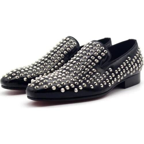 New genuine leather slip on casual shoes for men handmade fashion solid black rivet men shoes party shoes