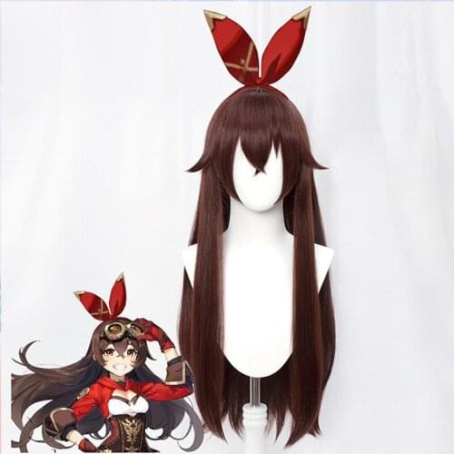 Game Genshin Impact Cosplay Costume Wig Amber Cosplay Wigs Women Brown Headwear 80CM Straight Hair Heat Resistant Synthetic Hair