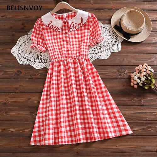 Women Sweet Short Sleeve Plaid A-line Dress Summer Peter Pan Collar With Letter Embroidery Dress High Waist Girls Sundress