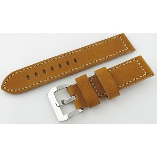 24mm Brown Genuine Leather Watchband Strap with Polished Pre-V Buckle Watch Accessories Parts Free Shipping