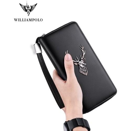 WILLIAMPOLO Luxury Brand Leather Wallets Men Zipper Coin Purses Deer Totem Clutch Wallets Female Money Bag Credit Card Holder