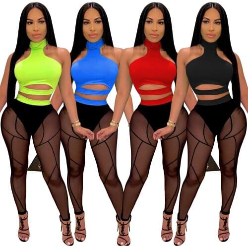 Zoctuo Sexy Club Party Women Set Mesh See Though Tops Sweatpant Jogger Suit Tracksuit Cut Out Pants 2Pcs Matching Set Outfit