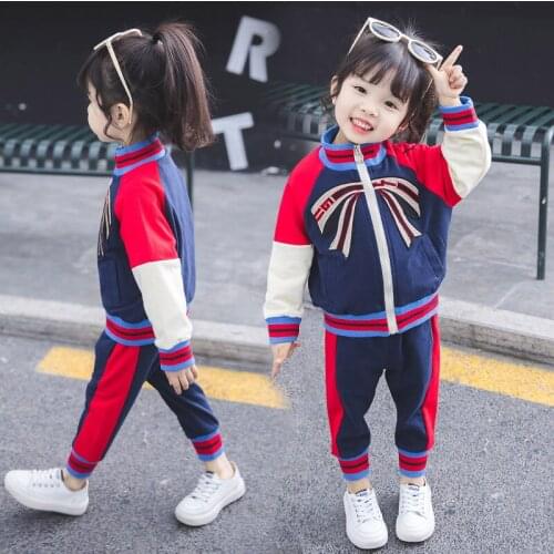 Girl spring new sports two-piece Girl cotton embroidered jacket pants suit Girl splicing zipper baseball two-piece