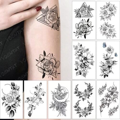 Waterproof Temporary Tattoo Sticker Simple Lines Small Roses Flowers Peony Moon Flash Tatoo Fake Tatto For Body Art Women Men