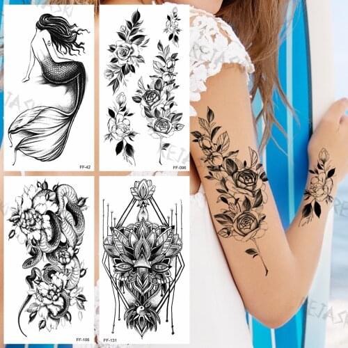 Zinnia Flower Leaf Temporary Tattoos For Women Men Realistic Mermaid Snake Flora Lotus Fake Tattoo Sticker Sexy Arm Tatoos Henna