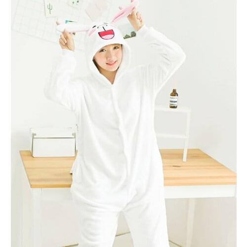 Onsies Pajamas Winter Cartoon Animal Adult Cute White Rabbit One Piece Sleepwear Romper Casual Unisex Hooded Homewear Jumpsuit