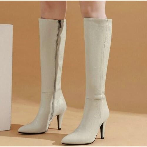 2020 New Women Knee High Boots Thin Heel Pointed Toe Ladies Boots Side Zipper Women Shoes Short Plush Women Winter Boots