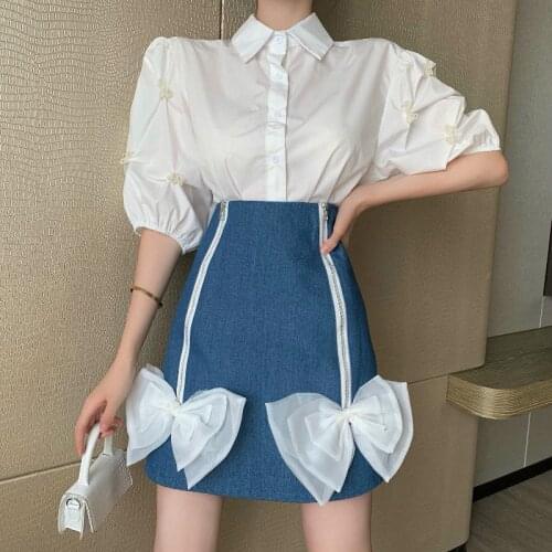 High Quality Female Elegant Skirt Suit 2021 New Fashion Bows Two Piece Set Women White Shirt Zipper Skirt Set Two Piece Outfits