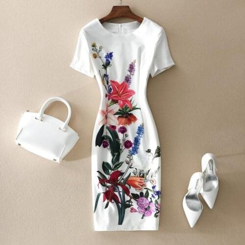2021 Summer Women Dress Temperament Female Retro Print Waist Was Thin Elegant Short-Sleeved Knee-Length White DressYM183