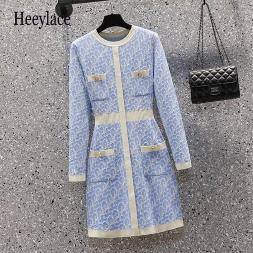 S-4XL Plus Size Autumn Knitted Sweater Dresses Fashion Women Long Sleeve Letter Print Patchwork Pocket Blue A Line Dress