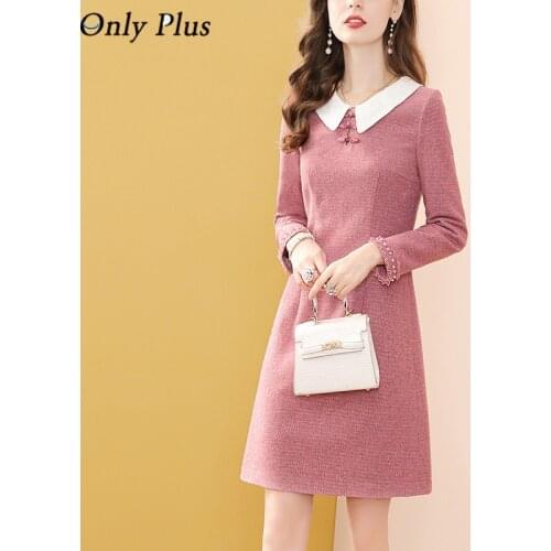 Hot Sale Vintage Celebrity Ping Long Sleeve Tweed Dress Winter Casual Pearl Peter Pan Collar A-Line Dresses Party Women 2021