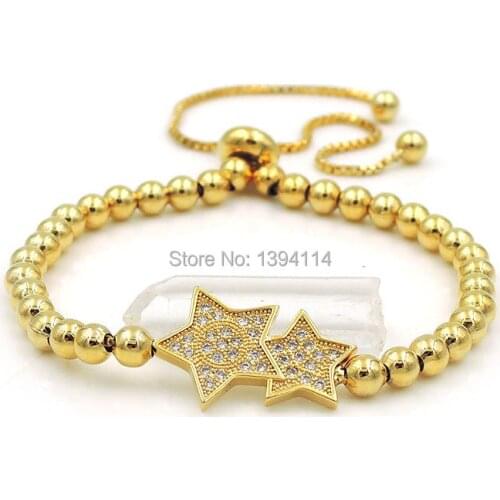 19x12x2mm Micro Pave Clear CZ Crystal Double Star Charm With 4mm Round Loose Beads Adjustable Bracelet