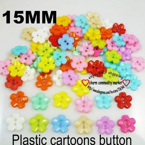 50PCS 15MM flower shape Colors Dyed Plastic cartoons buttons coat boots sewing clothes accessories P-037