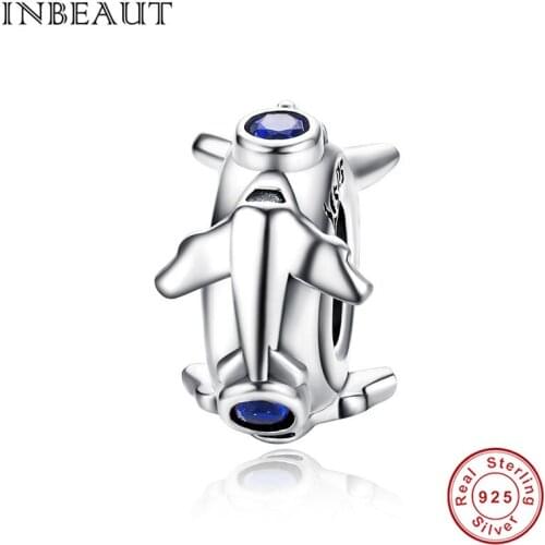INEBAUT 100% 925 Sterling Silver Blue Round Zircon Aircraft Beads fit Brand Bracelet Air Transport Plane Charms Jewelry Making