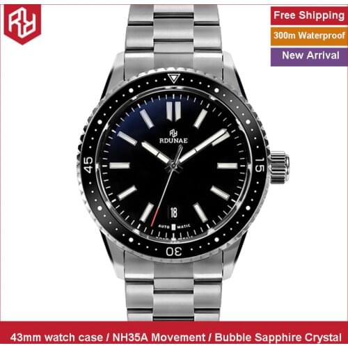 RDUNA-E R4 Diving Watch Men Bubble Sapphire Crystal Mirror 43mm Dial Steel Dive Watch 300m Waterproof BGW9 Luminous Wristwatch